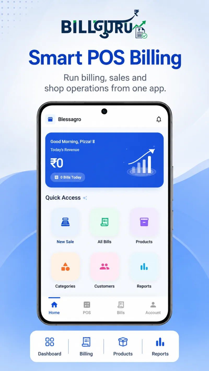 Bill Guru POS app home screen showing today's revenue and quick access to new sale, bills and products